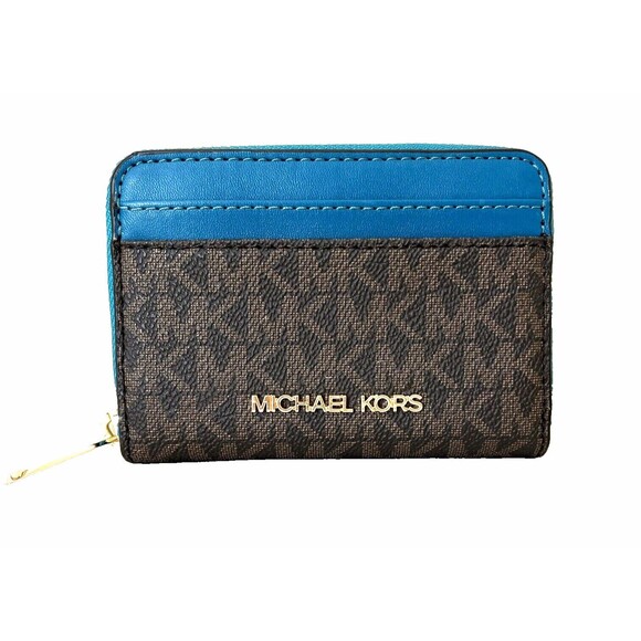 New Michael Kors Jet Set Travel Medium Card case wallet Brown / Lagoon - Picture 1 of 4